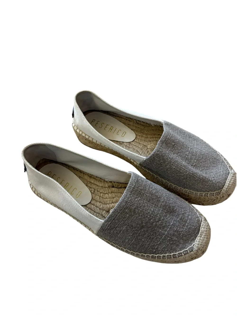 Peserico Linen Canvas Two Tone Espadrilles Flat Shoes Monili Detail Grey White
